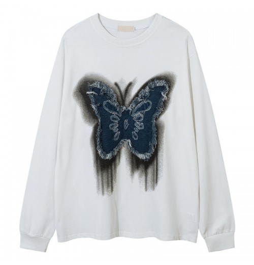 Butterfly Patch Tassel Design Long-Sleeved Pullover T-Shirt for Men Women Oversized Loose Couple Casual Style Autumn Base Layer Butterfly Patch Tassel Design Long-Sleeved Pullover T-Shirt for Men Women Oversized Loose Couple Casual Style Autumn Base Layer