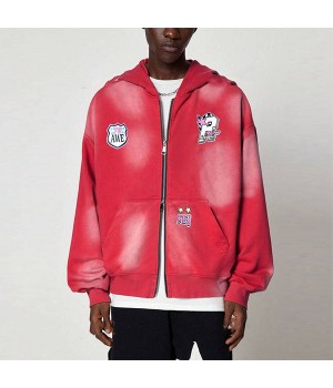 Street Life Men Washed Contrast Color Pocket Cartoon Patch Hooded Casual Oversized Sun Faded Zipper-up Hoodies