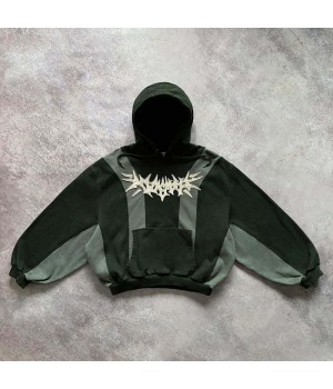 Luxury acid washed distressed pullover man hoodies color block contrast men's hoodie applique embroidery boxy hoodie for men
