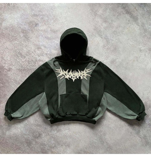 Luxury acid washed distressed pullover man hoodies color block contrast men's hoodie applique embroidery boxy hoodie for men